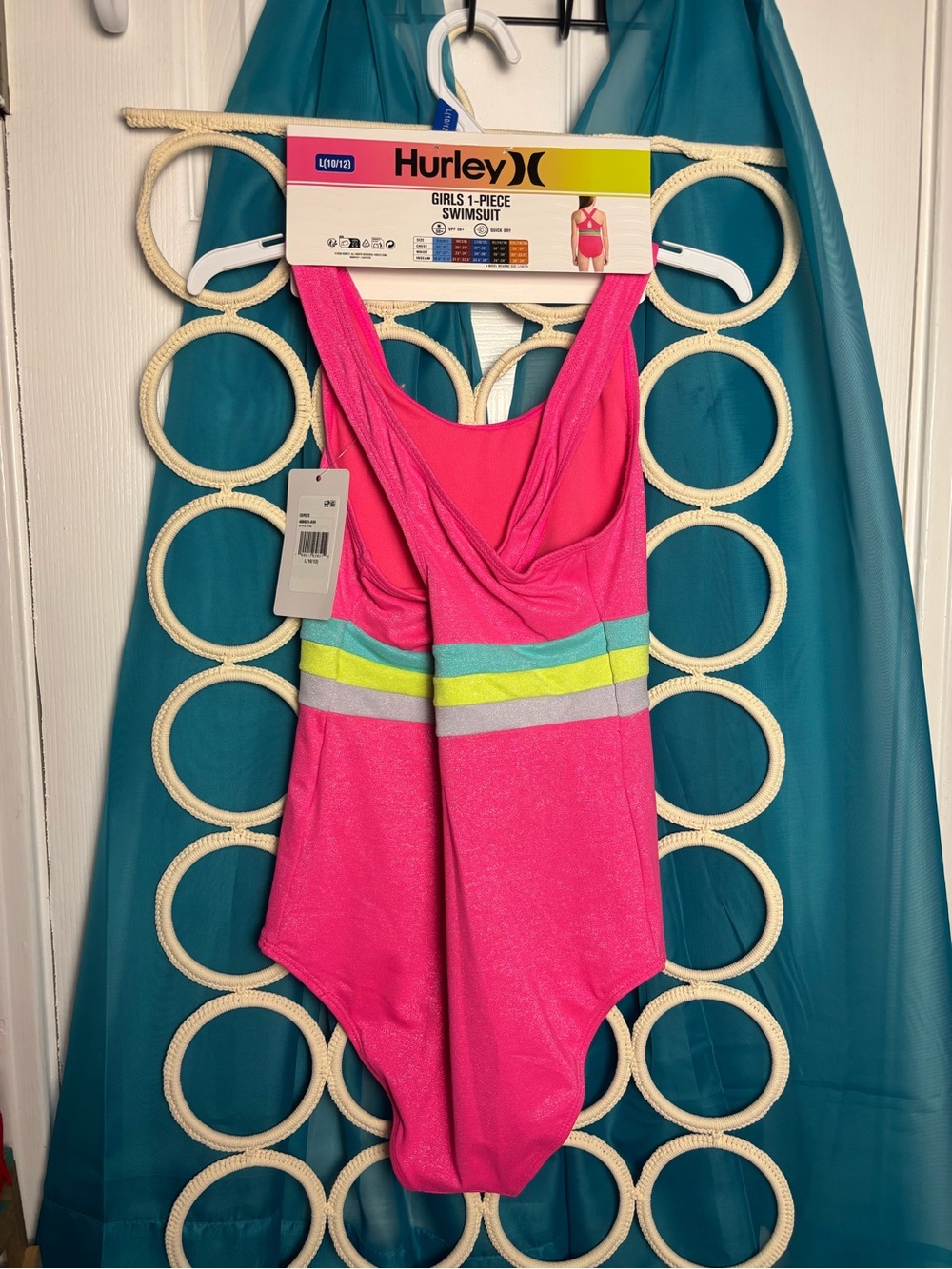 Hurley Pink Girls' One-Piece Swimsuit with Teal, Yellow & Gray Stripes Large NWT - Picture 10 of 13